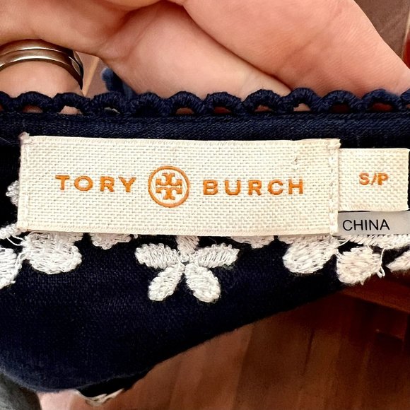 Tory Burch Navy Blue White Issy Scallop-Trim Embroidered Linen Tunic Top Size S - Picture 6 of 9